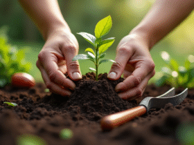 Mains plantant un jeune jasmin dans la terre riche
