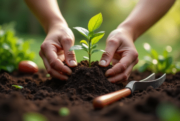 Mains plantant un jeune jasmin dans la terre riche