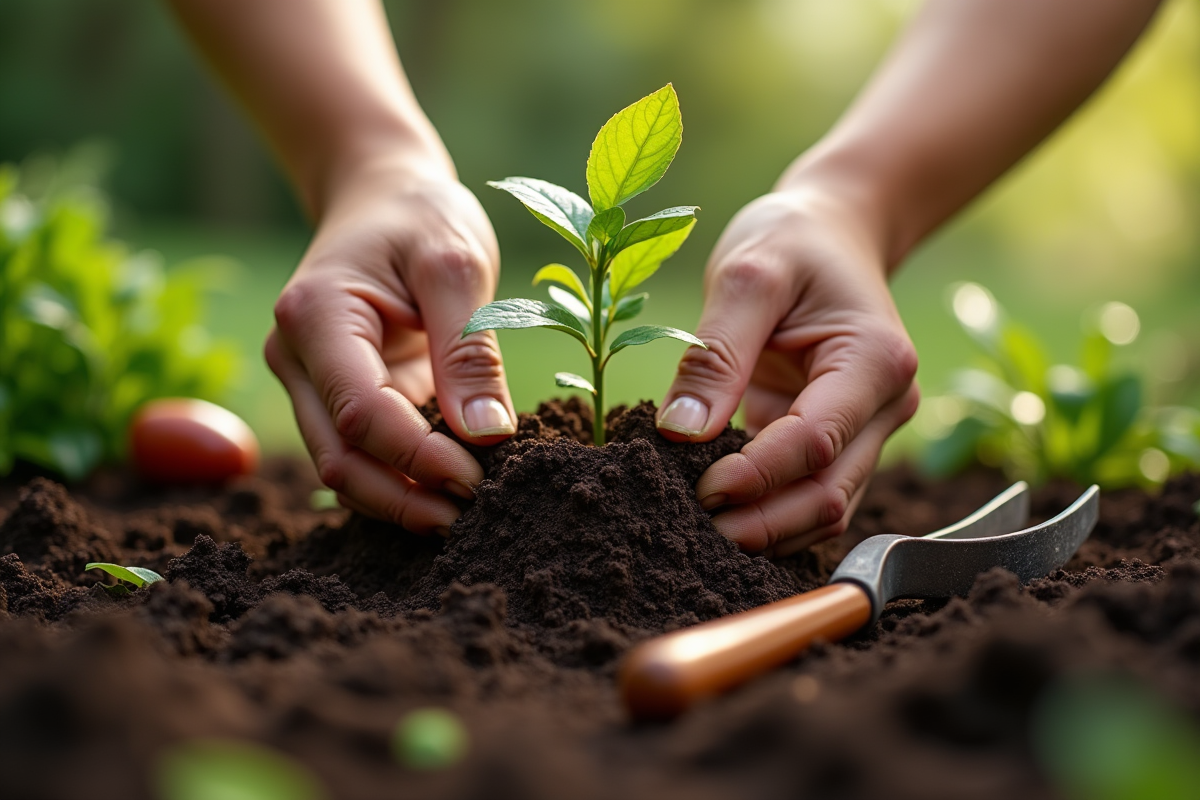 Mains plantant un jeune jasmin dans la terre riche