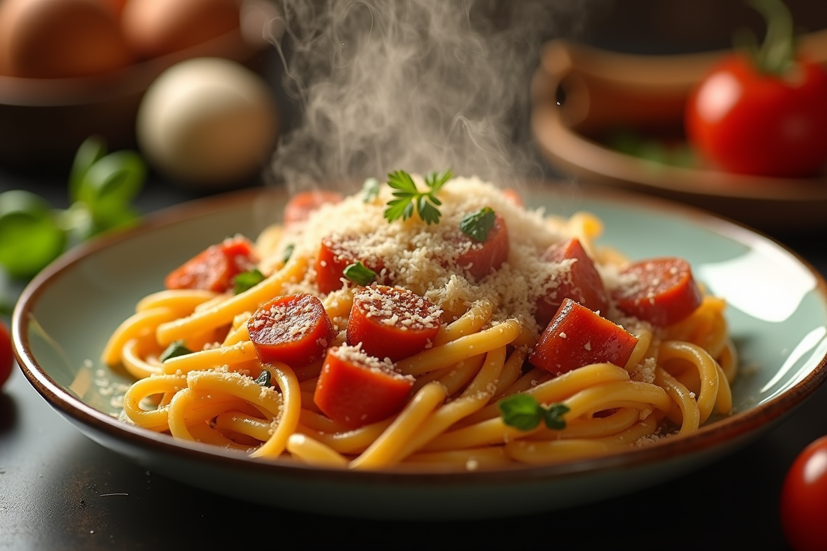 Assiette de pâtes avec chorizo parmesan et herbes dans cuisine italienne