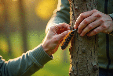 Installation d'une trappe à processionnaire sur un pin dans un jardin