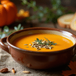 Soupe de citrouille rustique dans un bol en céramique avec garniture