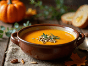 Soupe de citrouille rustique dans un bol en céramique avec garniture