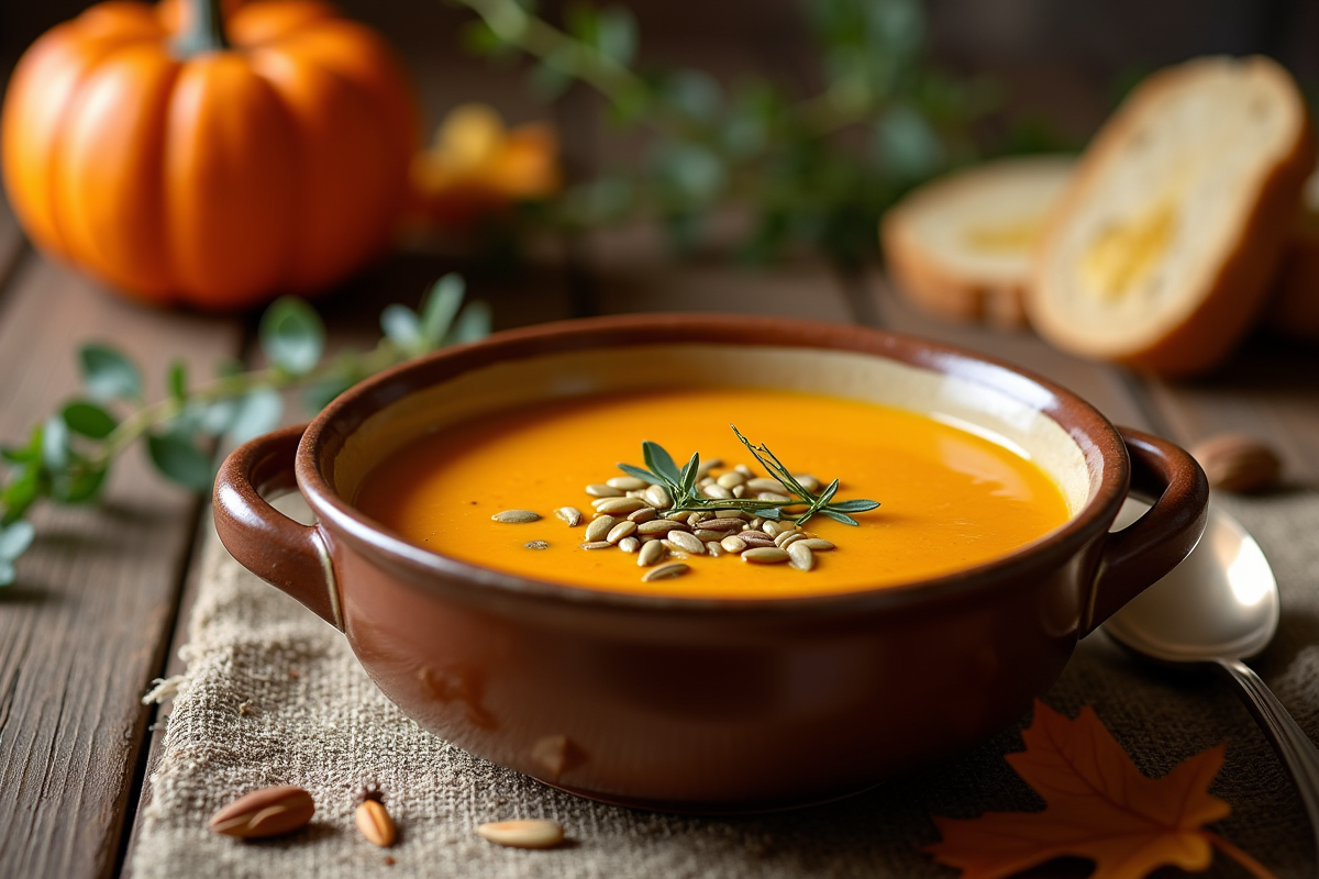 Soupe de citrouille rustique dans un bol en céramique avec garniture