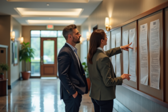Un couple en costume d'affaires étudie un panneau d'affichage dans un hall d'immeuble