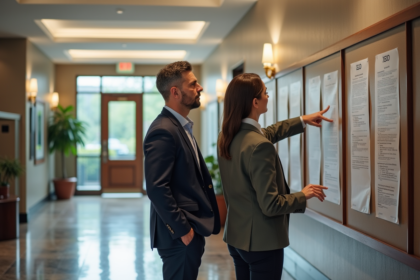 Un couple en costume d'affaires étudie un panneau d'affichage dans un hall d'immeuble