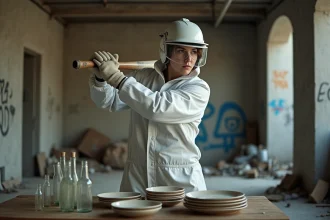 Femme en combinaison de protection tenant une batte de baseball dans une salle de casse à Lyon, entourée de vaisselle brisée