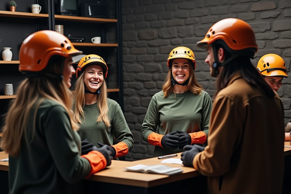 Groupe d'amis en équipement de protection écoutant les explications du staff avant une session de rage room à Lyon