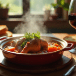 Table rustique avec ragoût de lapin chaud et pain