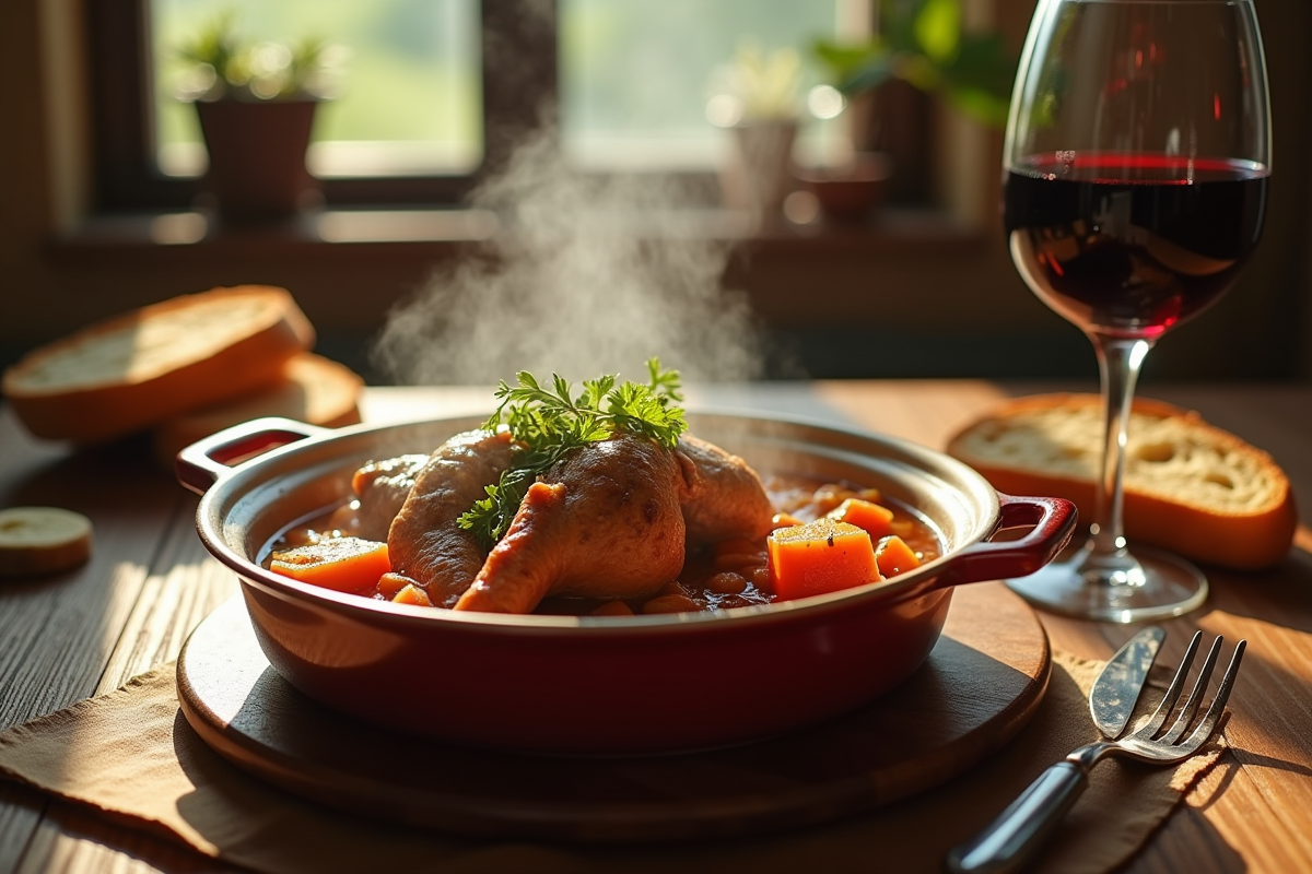 Table rustique avec ragoût de lapin chaud et pain