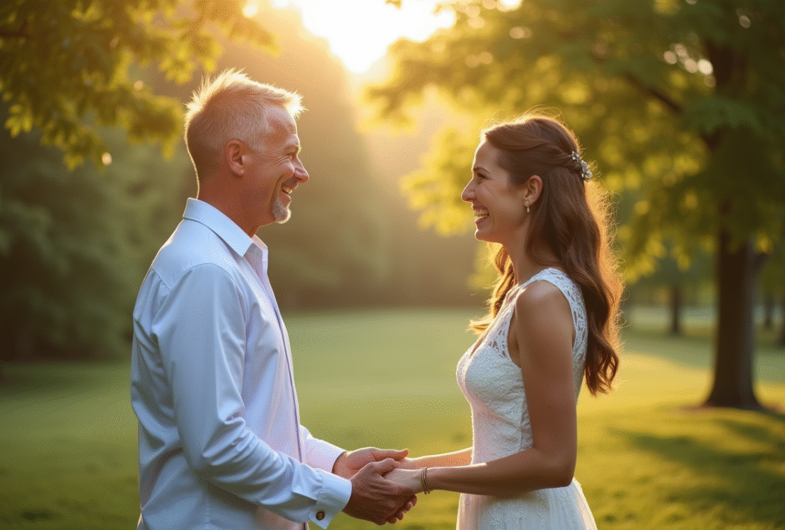 Couple souriant lors d'une cérémonie de renouvellement de vœux en plein air