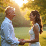 Couple souriant lors d'une cérémonie de renouvellement de vœux en plein air