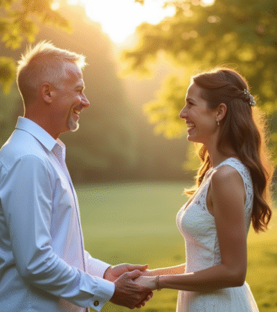 Couple souriant lors d'une cérémonie de renouvellement de vœux en plein air