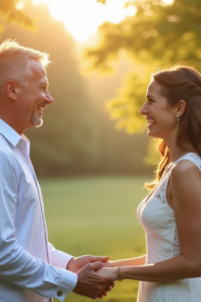 Couple souriant lors d'une cérémonie de renouvellement de vœux en plein air