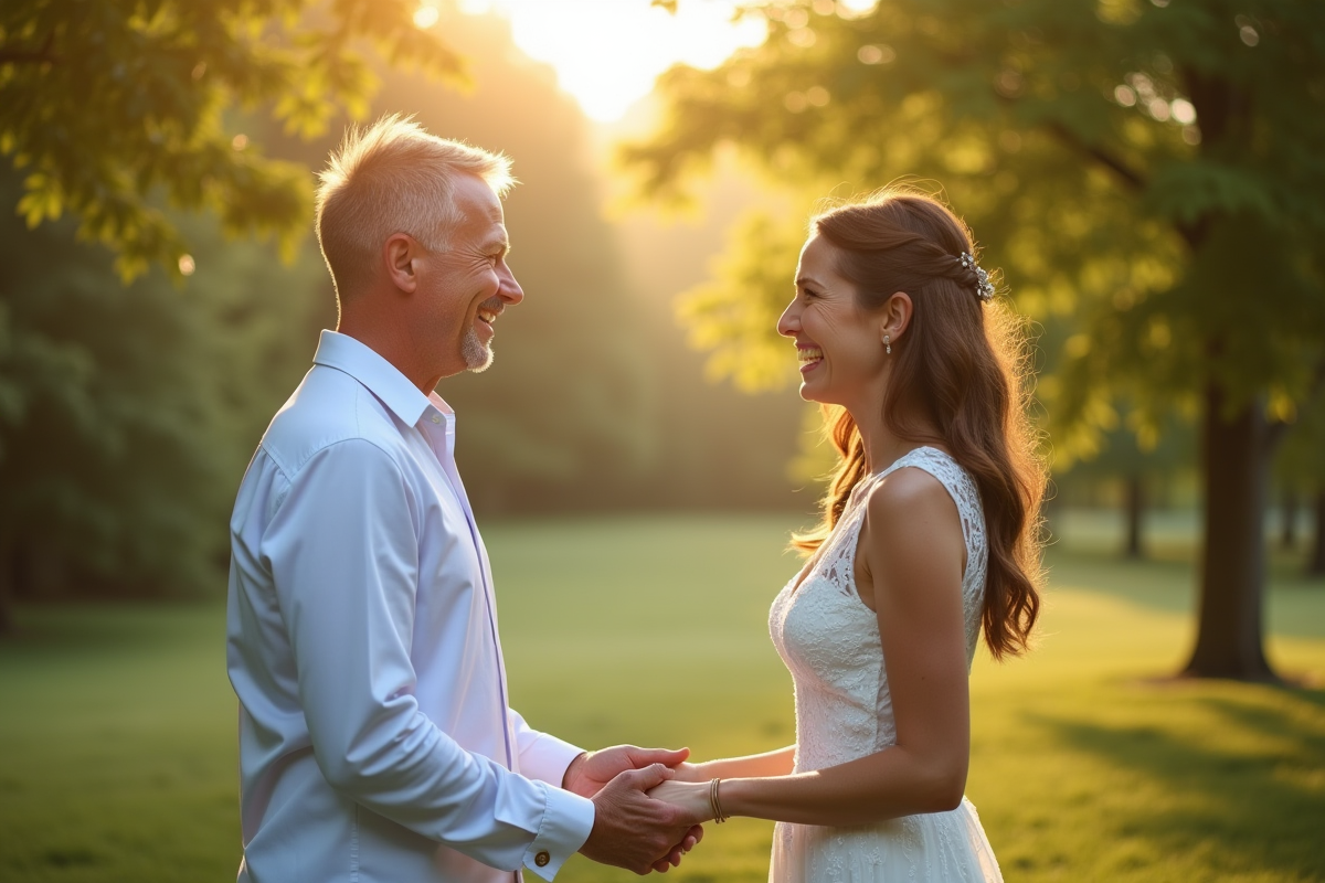 Couple souriant lors d'une cérémonie de renouvellement de vœux en plein air