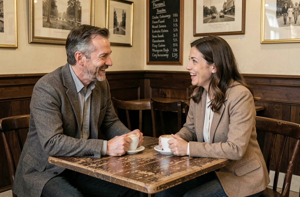 Retrouvailles émouvantes entre deux anciens amoureux de jeunesse dans un café parisien après une recherche sur Copains d'avant