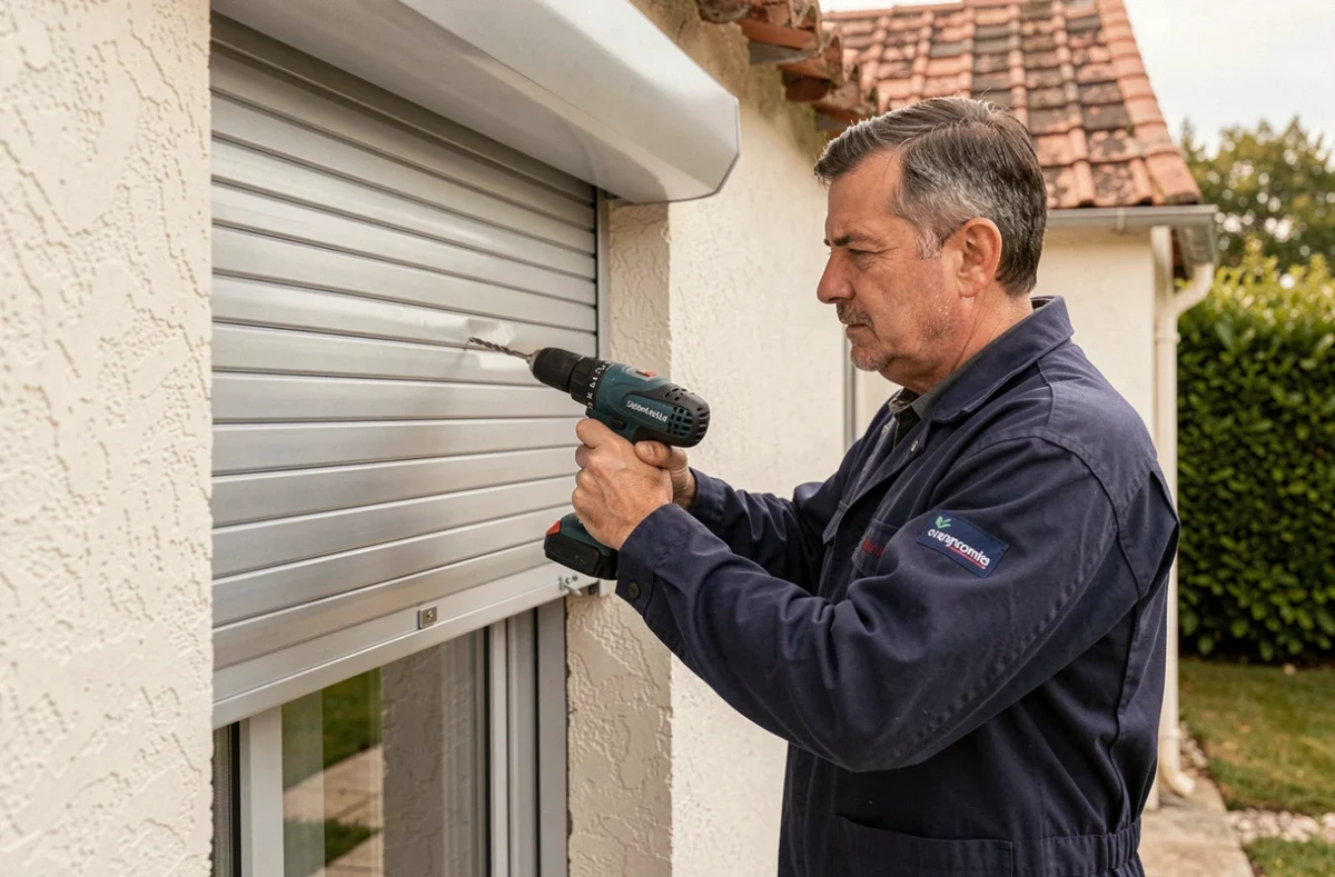 Technicien de SARL PAC Fermetures installant un volet roulant sur une maison en Indre-et-Loire