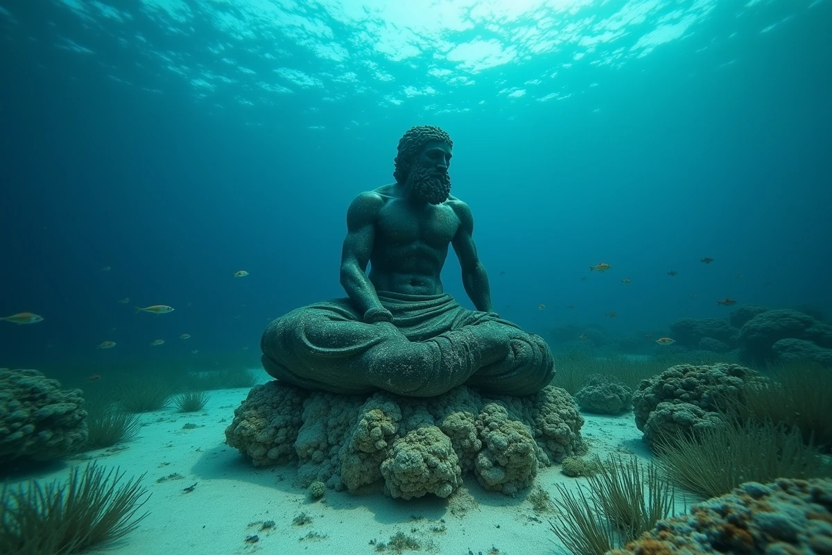 Sculpture sous-marine antique de Poséidon recouverte de corail au fond de la mer Méditerranée
