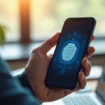 Personne utilisant une application bancaire mobile avec empreinte digitale
