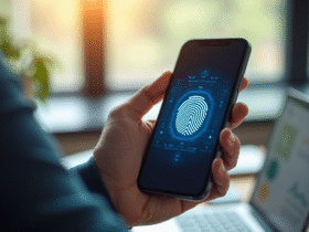 Personne utilisant une application bancaire mobile avec empreinte digitale