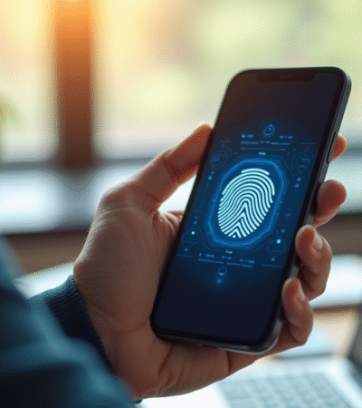 Personne utilisant une application bancaire mobile avec empreinte digitale