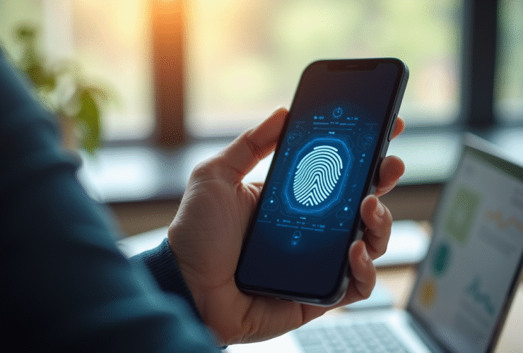 Personne utilisant une application bancaire mobile avec empreinte digitale