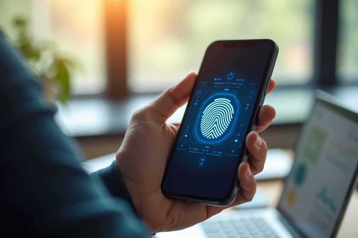 Personne utilisant une application bancaire mobile avec empreinte digitale