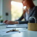 Femme d'affaires au bureau avec cadenas et clés pour illustrer la sécurité