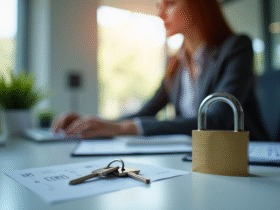 Femme d'affaires au bureau avec cadenas et clés pour illustrer la sécurité
