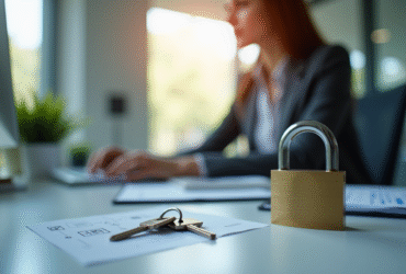 Femme d'affaires au bureau avec cadenas et clés pour illustrer la sécurité
