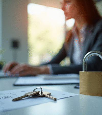 Femme d'affaires au bureau avec cadenas et clés pour illustrer la sécurité