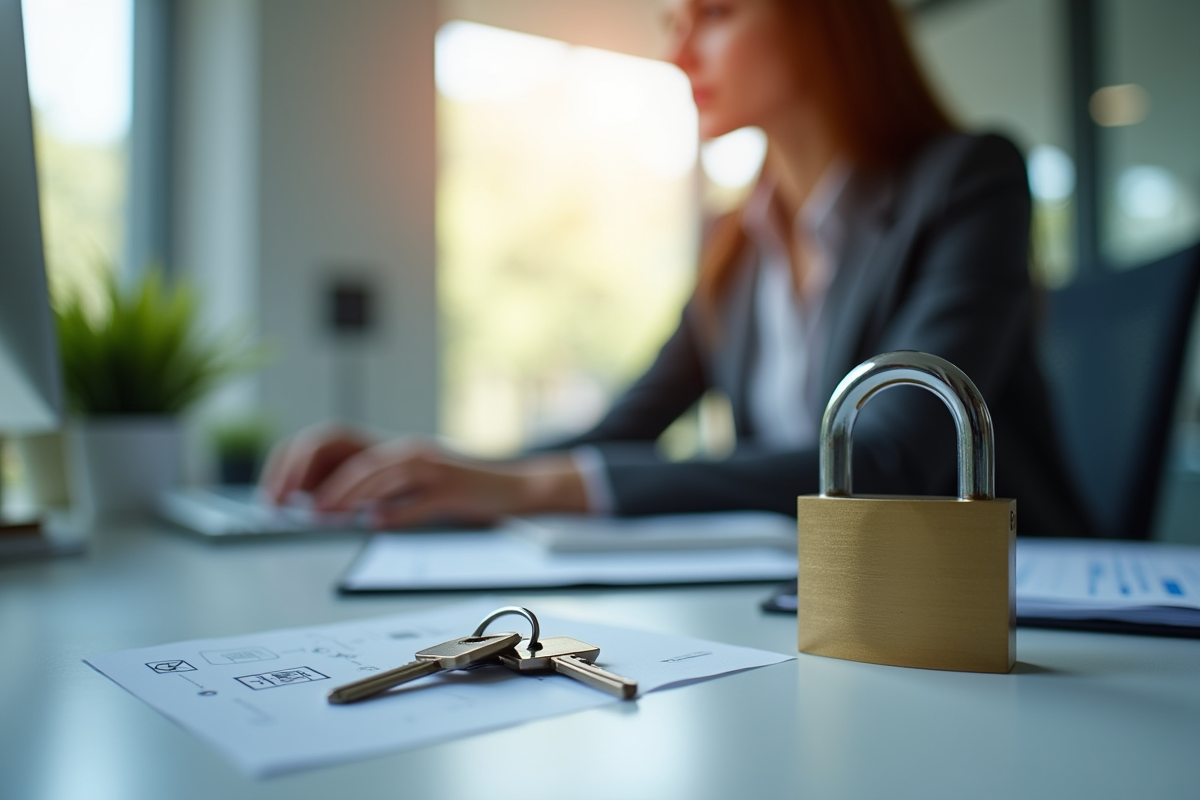 Femme d'affaires au bureau avec cadenas et clés pour illustrer la sécurité