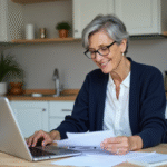 Femme senior souriante consulte des documents à la maison