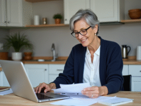 Femme senior souriante consulte des documents à la maison