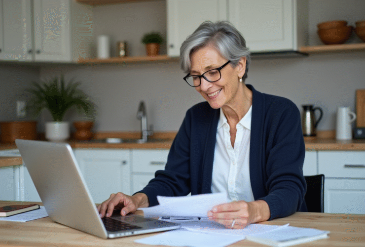 Femme senior souriante consulte des documents à la maison