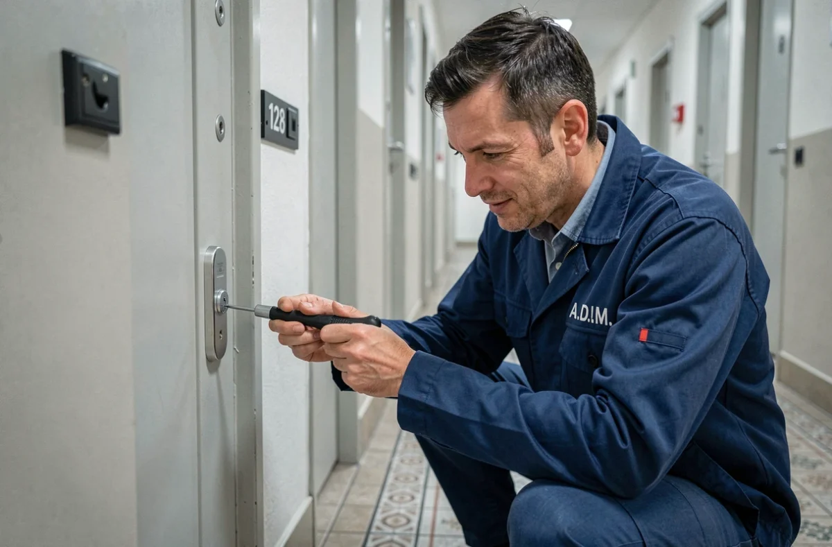 Serrurier A.D.I.M intervenant en urgence dans le couloir d'un immeuble à Tours