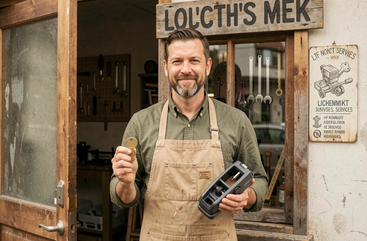 Yann Soyer, artisan serrurier indépendant, devant son atelier avec une clé en main