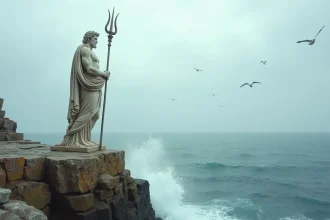 Statue antique de Poséidon dieu grec de la mer sur falaise rocheuse face à la mer Égée