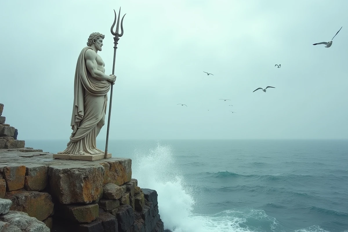 Statue antique de Poséidon dieu grec de la mer sur falaise rocheuse face à la mer Égée