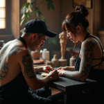 Artiste tatoueur japonais travaillant sur un tatouage irezumi sur le dos