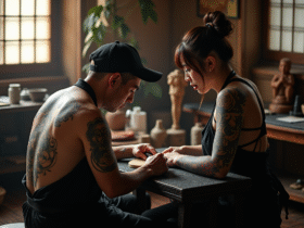 Artiste tatoueur japonais travaillant sur un tatouage irezumi sur le dos