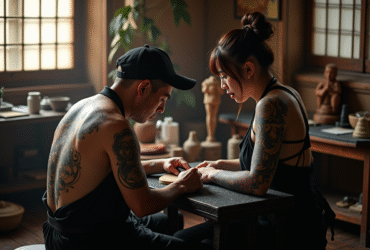 Artiste tatoueur japonais travaillant sur un tatouage irezumi sur le dos