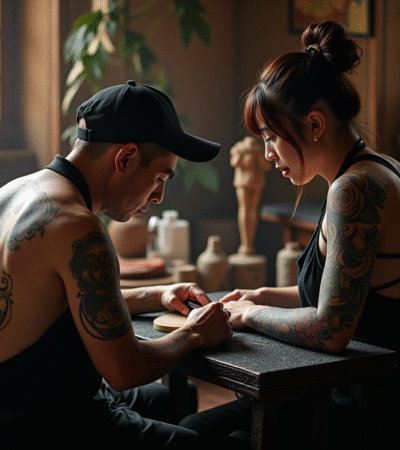 Artiste tatoueur japonais travaillant sur un tatouage irezumi sur le dos