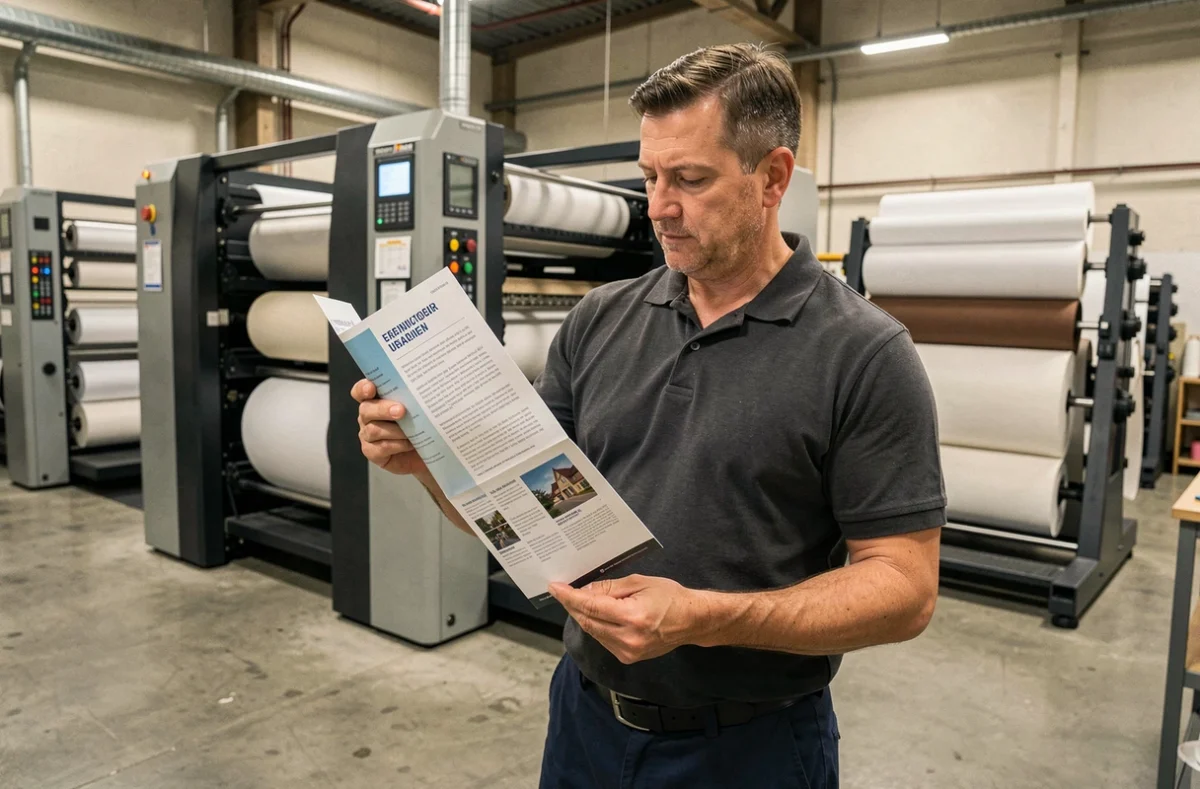 Technicien d'impression tenant une brochure agrafée 8 pages dans un atelier offset industriel pour contrôle qualité de tirage professionnel en ligne