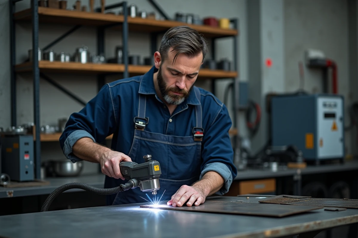 Technicien en overalls bleus utilisant une machine laser dans un atelier organisé
