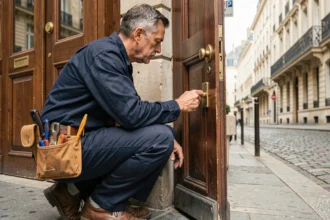 Serrurier professionnel devant une porte d'immeuble lyonnais, illustrant le top 10 des serruriers à Lyon