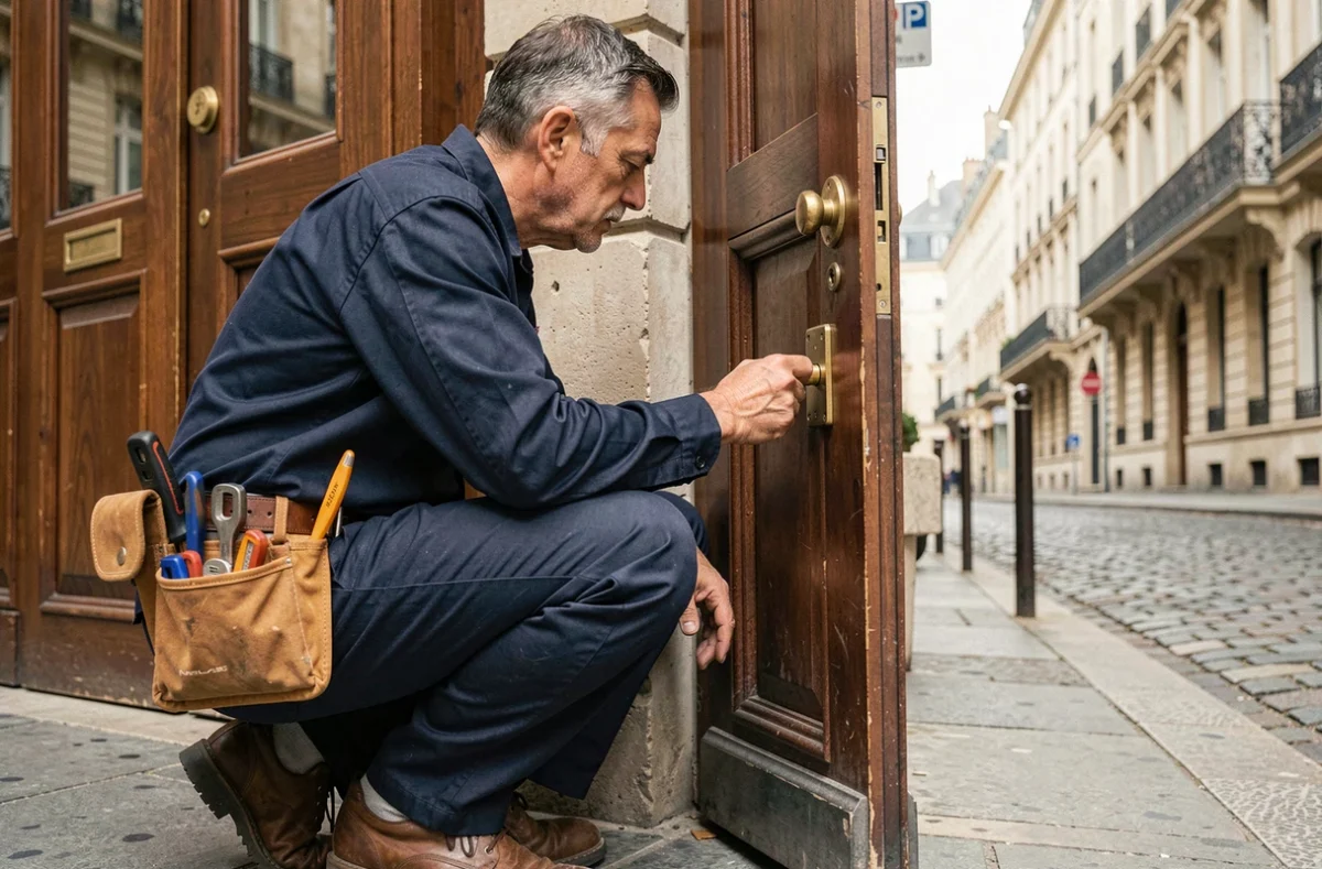 Serrurier professionnel devant une porte d'immeuble lyonnais, illustrant le top 10 des serruriers à Lyon