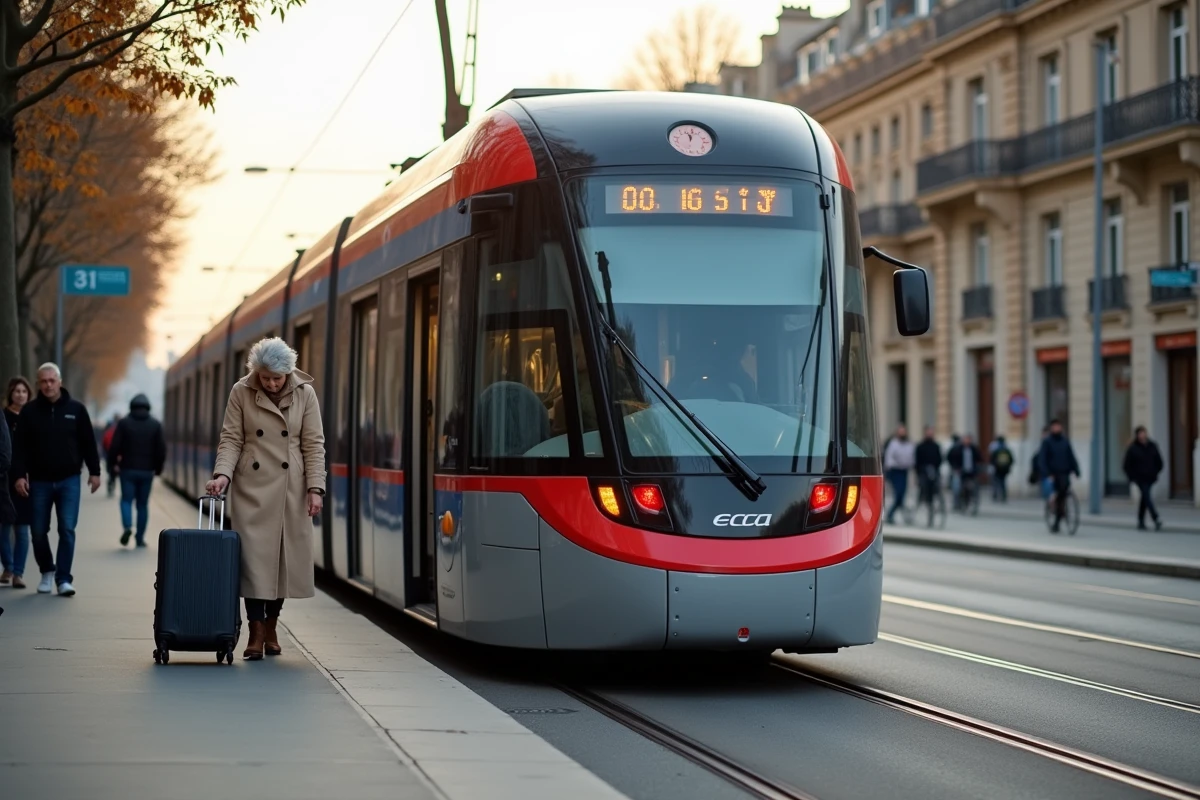 Tramway moderne à l'arrêt dans une station de Bordeaux avec passagers à quai