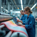 Usine textile moderne en 2025 avec machines automatisées et rouleaux de tissu