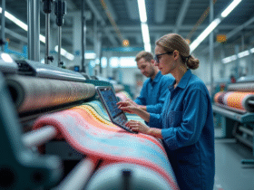 Usine textile moderne en 2025 avec machines automatisées et rouleaux de tissu